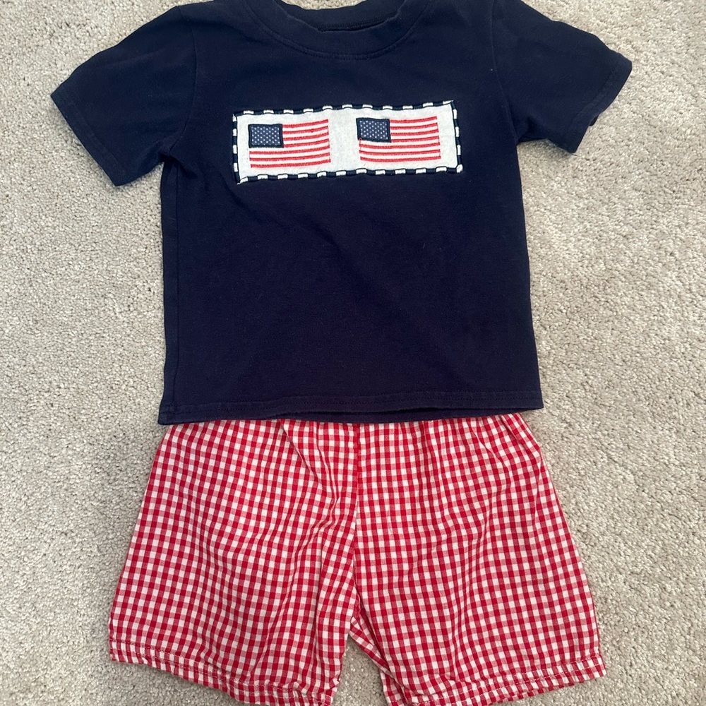 Navy Flag T-Shirt and Red Gingham Shorts Set